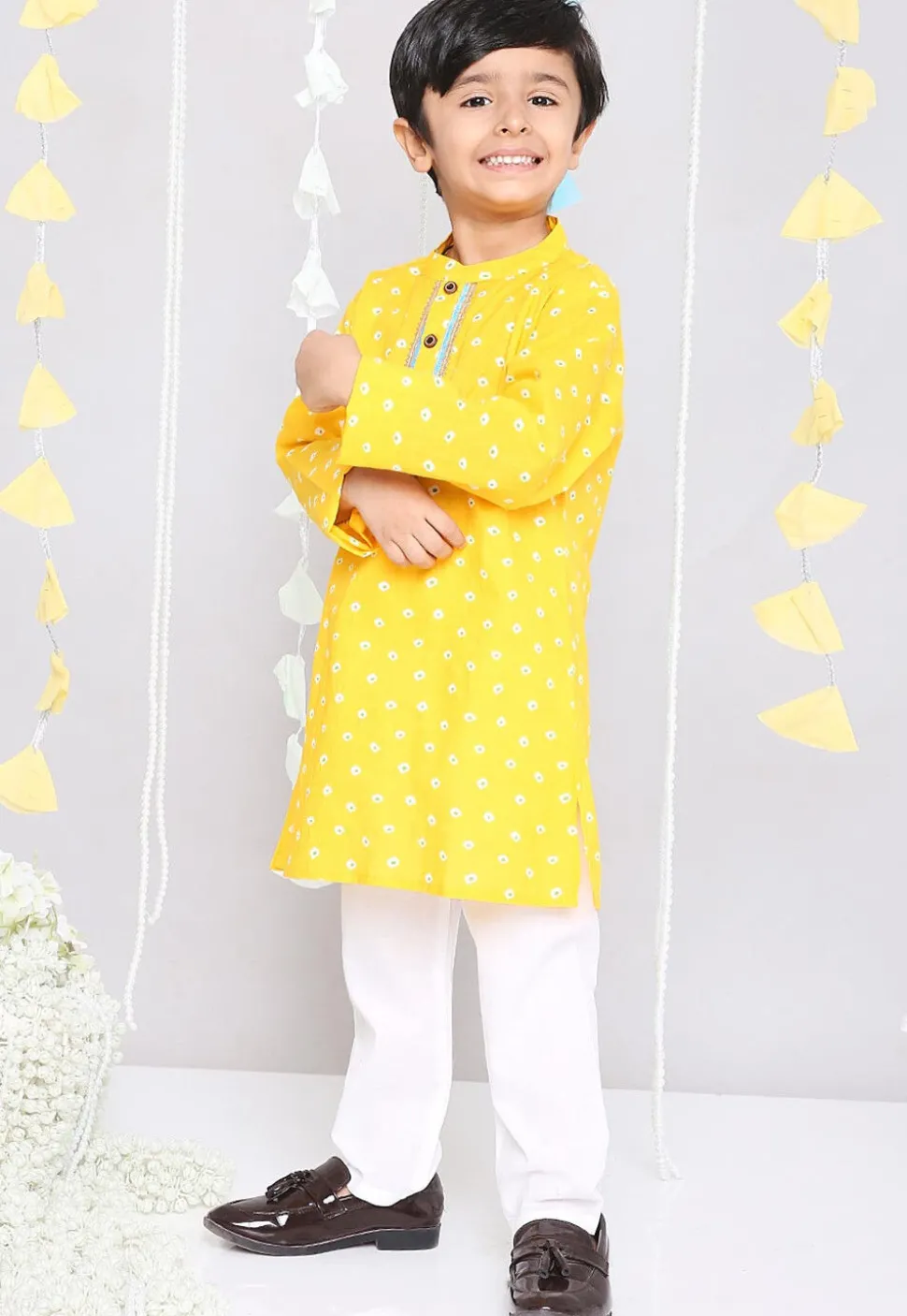 Bandhej Printed Pure Cotton Kurta Set in Yellow