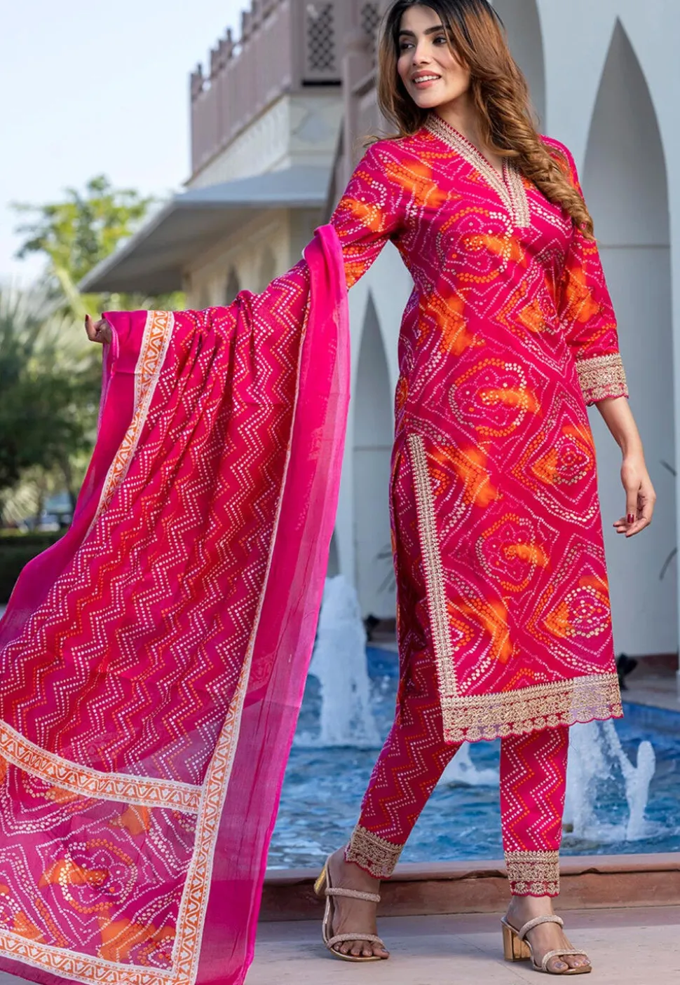 Bandhej Printed Pure Cotton Pakistani Suit in Fuchsia