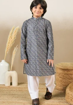 Bandhej Printed Pure Cotton Kurta Set in Navy Blue