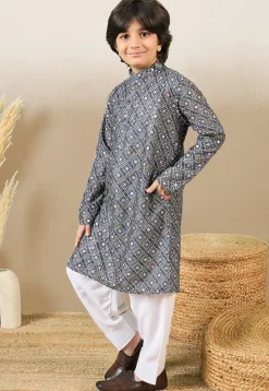Bandhej Printed Pure Cotton Kurta Set in Navy Blue