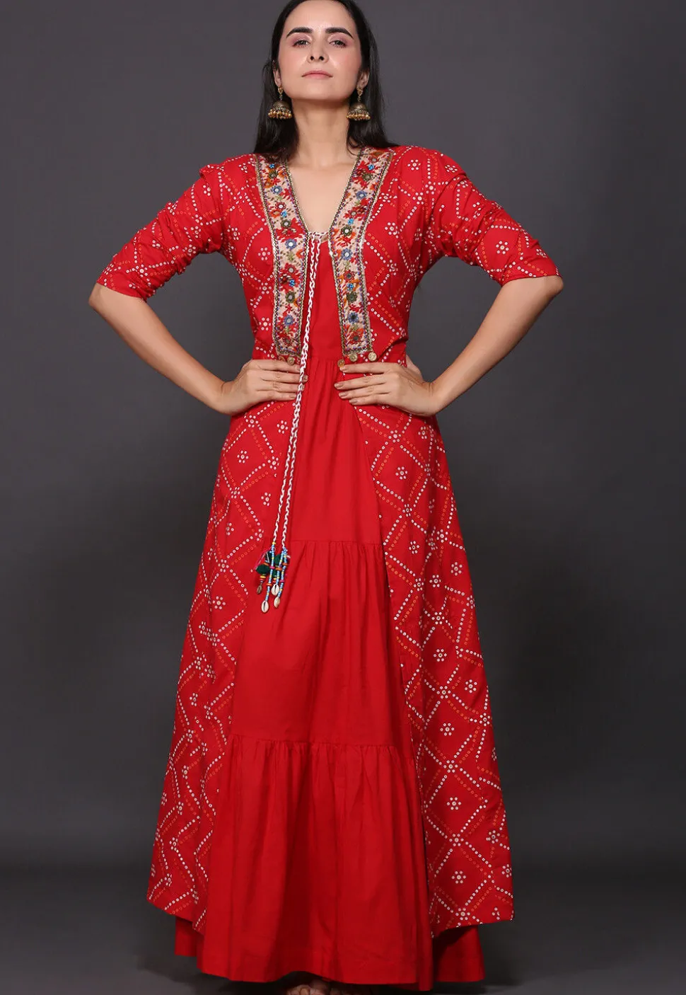 Bandhej Printed Pure Cotton Tiered Dress in Red