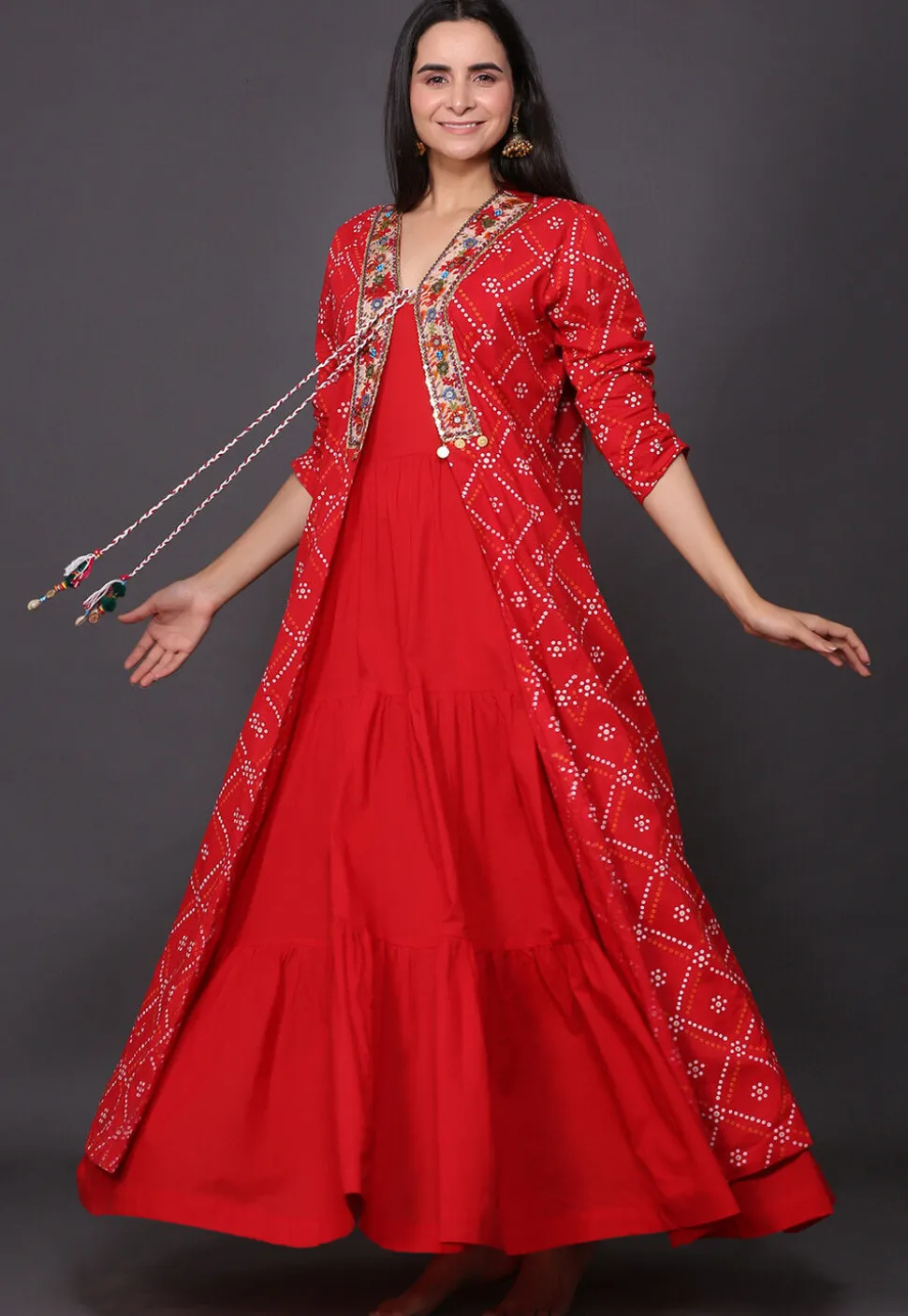 Bandhej Printed Pure Cotton Tiered Dress in Red