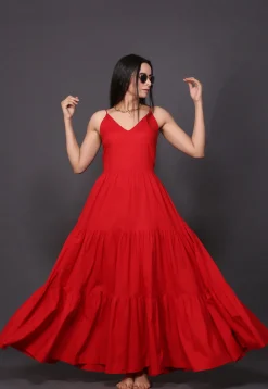 Bandhej Printed Pure Cotton Tiered Dress in Red