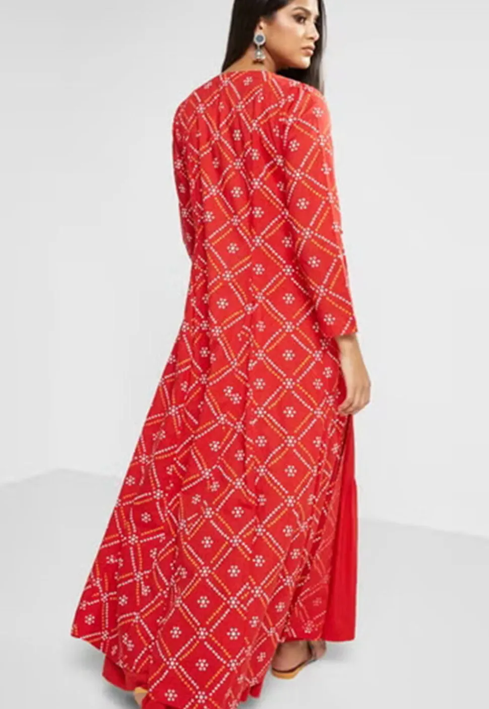Bandhej Printed Pure Cotton Tiered Dress in Red