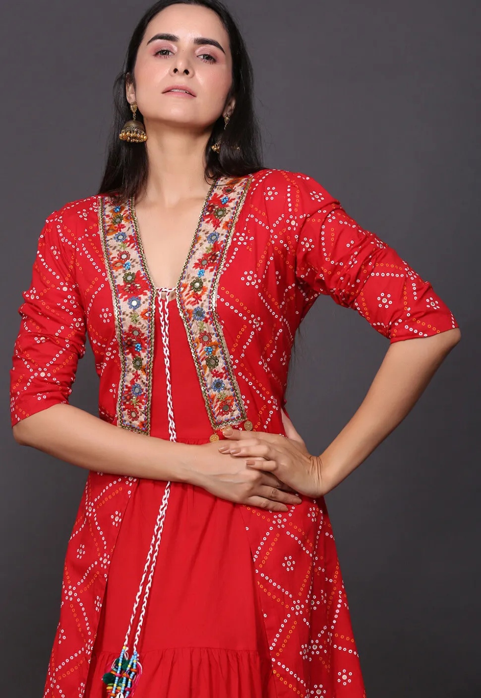 Bandhej Printed Pure Cotton Tiered Dress in Red
