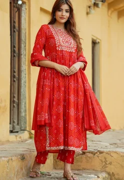 Bandhej Printed Pure Cotton Pakistani Suit in Red