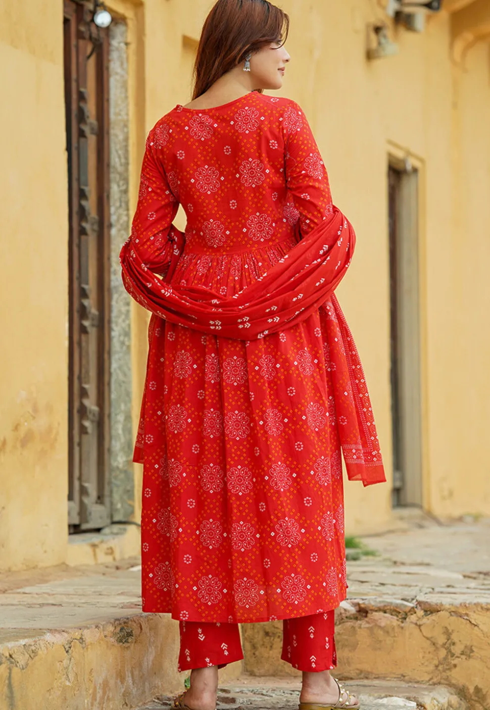 Bandhej Printed Pure Cotton Pakistani Suit in Red