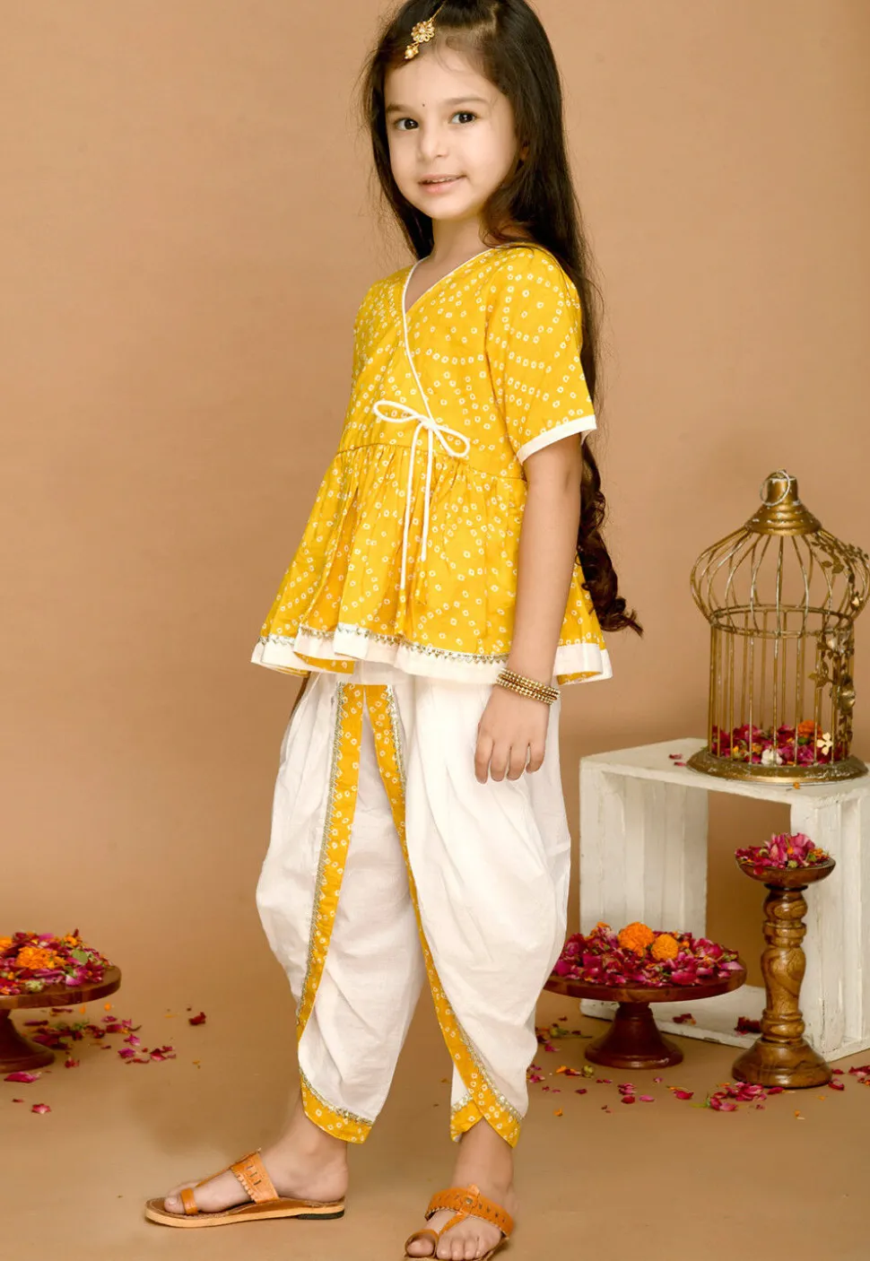Bandhej Printed Pure Cotton Tunic Set in Yellow