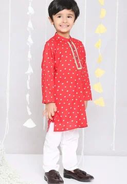 Bandhej Printed Pure Cotton Kurta Set in Red
