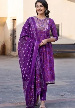 Bandhej Printed Pure Cotton Pakistani Suit in Purple