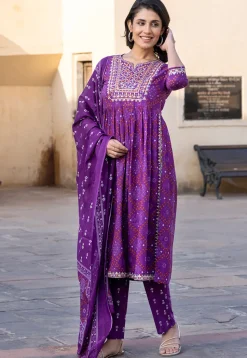 Bandhej Printed Pure Cotton Pakistani Suit in Purple