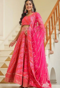 Bandhej Printed Pure Silk Brocade Lehenga in Pink