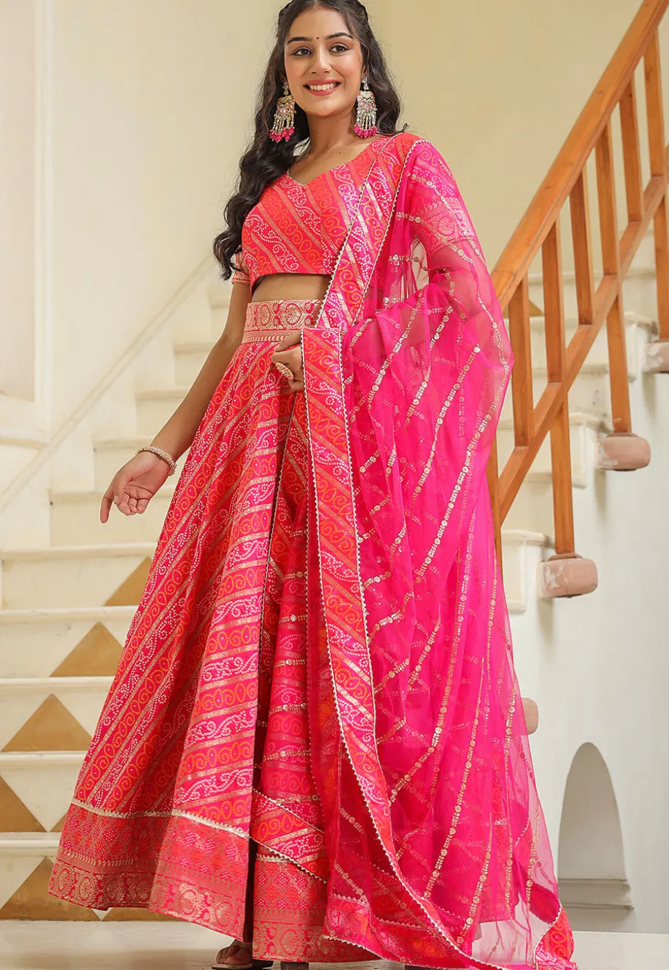 Bandhej Printed Pure Silk Brocade Lehenga in Pink