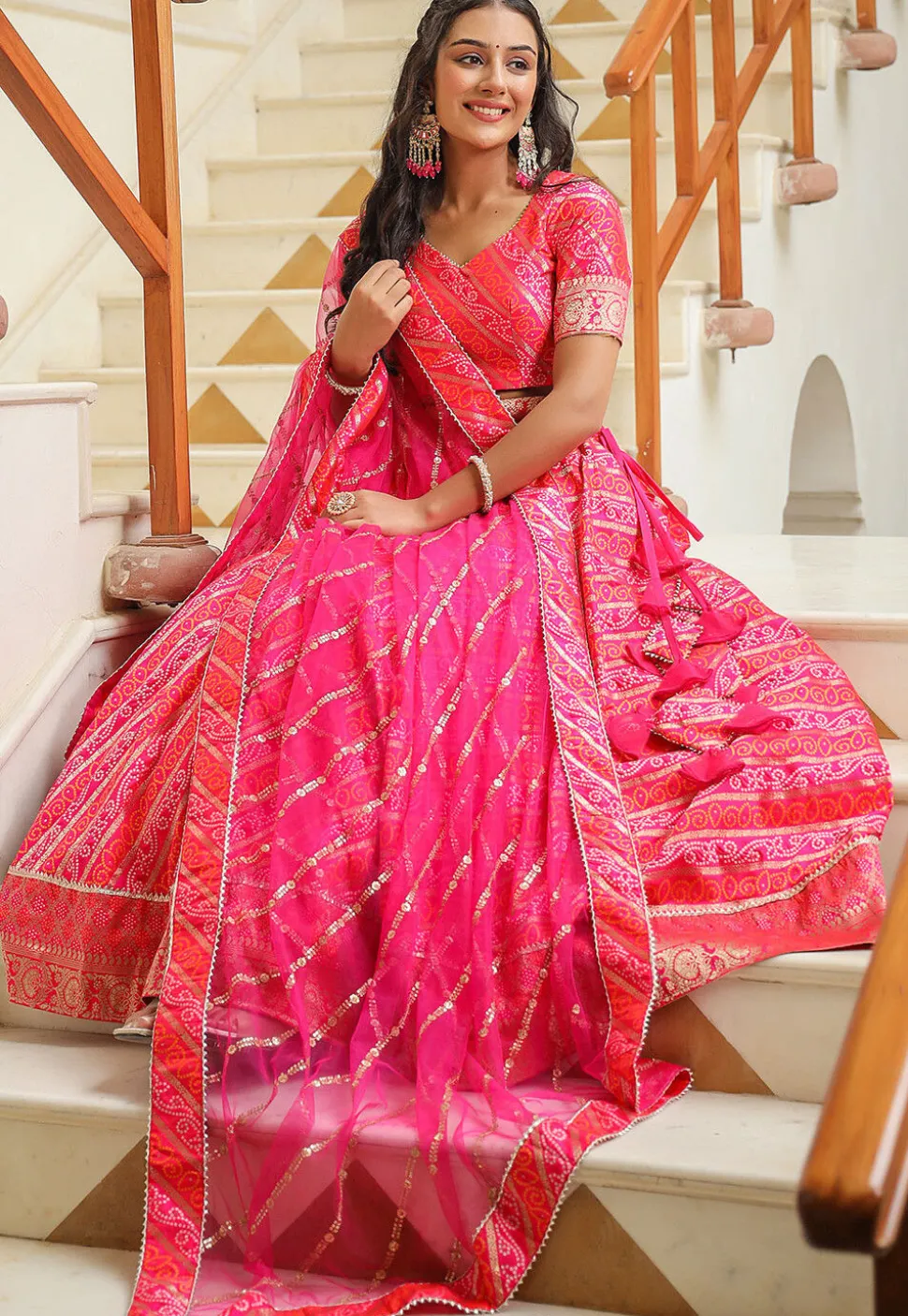 Bandhej Printed Pure Silk Brocade Lehenga in Pink