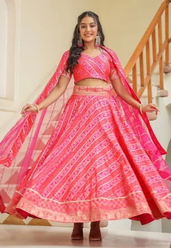 Bandhej Printed Pure Silk Brocade Lehenga in Pink