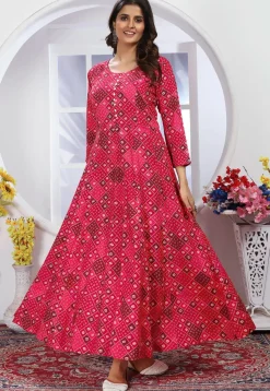 Bandhej Printed Rayon A Line Suit in Red