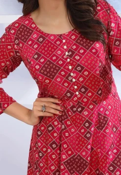 Bandhej Printed Rayon A Line Suit in Red