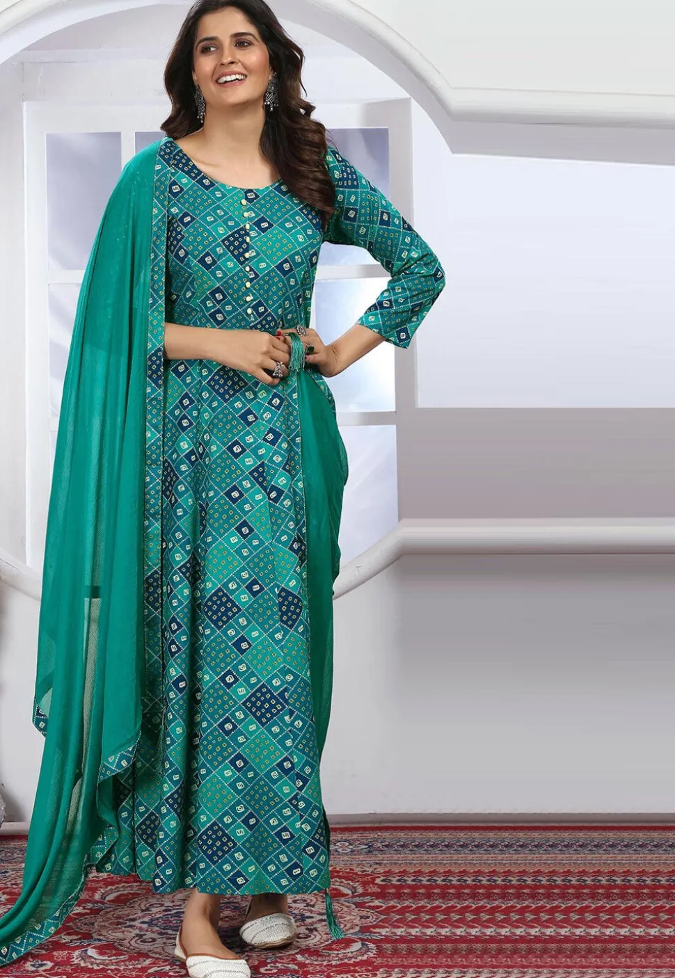 Bandhej Printed Rayon A Line Suit in Teal Green