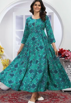 Bandhej Printed Rayon A Line Suit in Teal Green