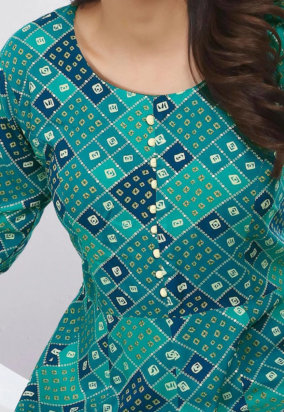 Bandhej Printed Rayon A Line Suit in Teal Green