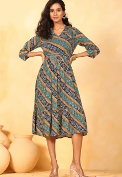 Bandhej Printed Rayon Aline Dress in Navy Blue and Teal Blue