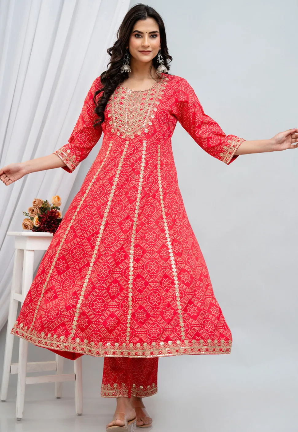 Bandhej Printed Rayon Anarkali Suit in Fuchsia