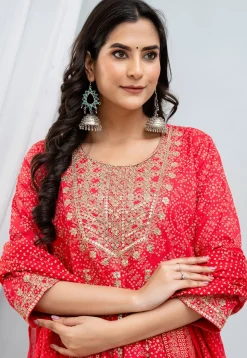 Bandhej Printed Rayon Anarkali Suit in Fuchsia