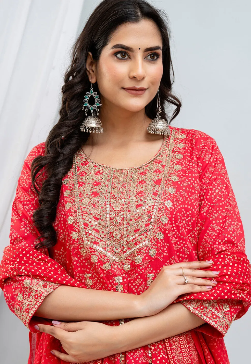 Bandhej Printed Rayon Anarkali Suit in Fuchsia