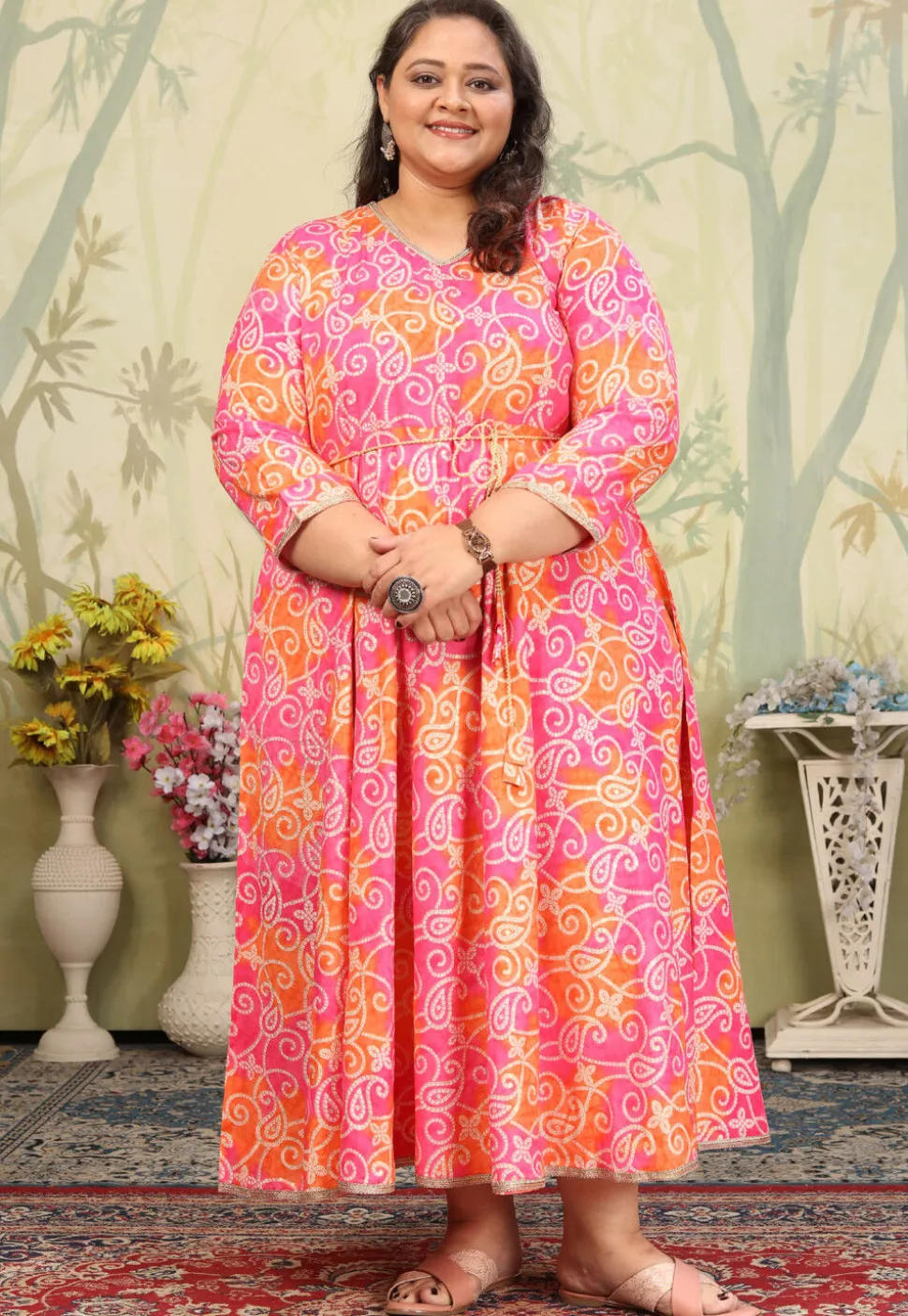 Bandhej Printed Rayon Gown in Pink