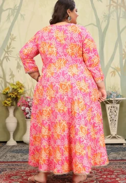 Bandhej Printed Rayon Gown in Pink