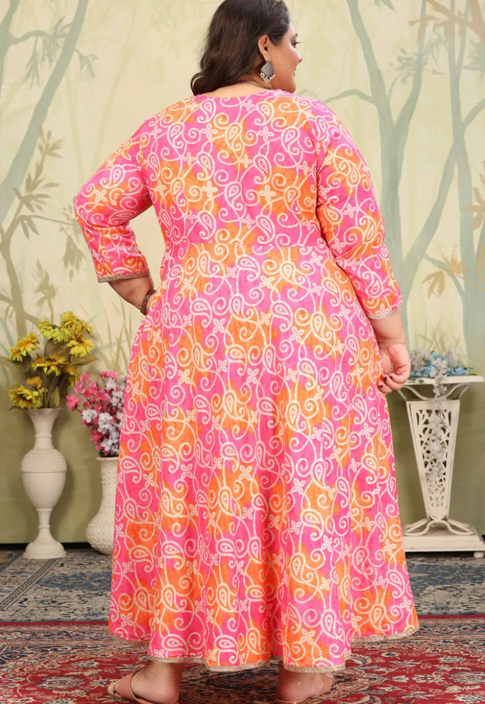 Bandhej Printed Rayon Gown in Pink