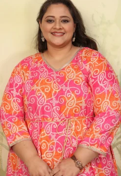 Bandhej Printed Rayon Gown in Pink