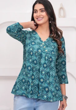 Bandhej Printed Rayon Kurti in Teal Blue
