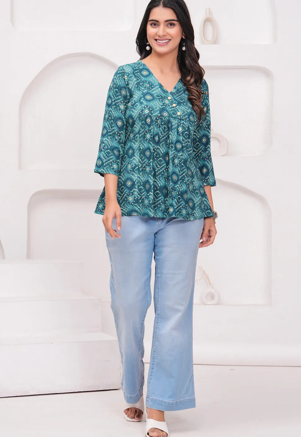 Bandhej Printed Rayon Kurti in Teal Blue