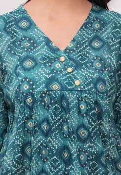 Bandhej Printed Rayon Kurti in Teal Blue