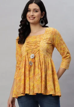 Bandhej Printed Rayon Kurti in Mustard