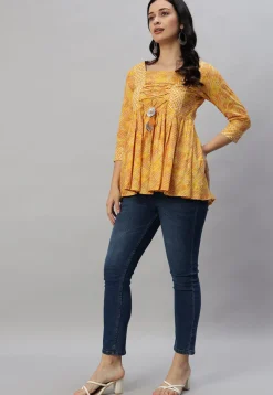 Bandhej Printed Rayon Kurti in Mustard