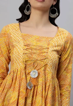 Bandhej Printed Rayon Kurti in Mustard