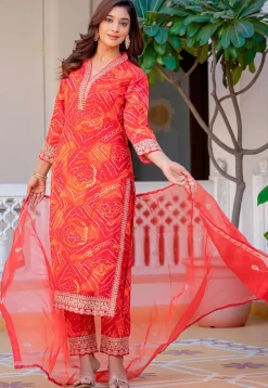 Bandhej Printed Rayon Pakistani Suit in Red