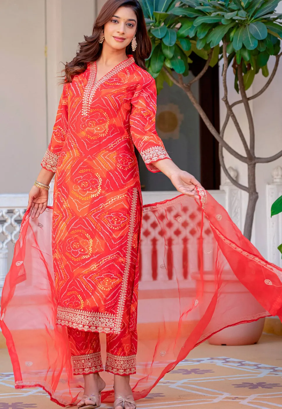 Bandhej Printed Rayon Pakistani Suit in Red