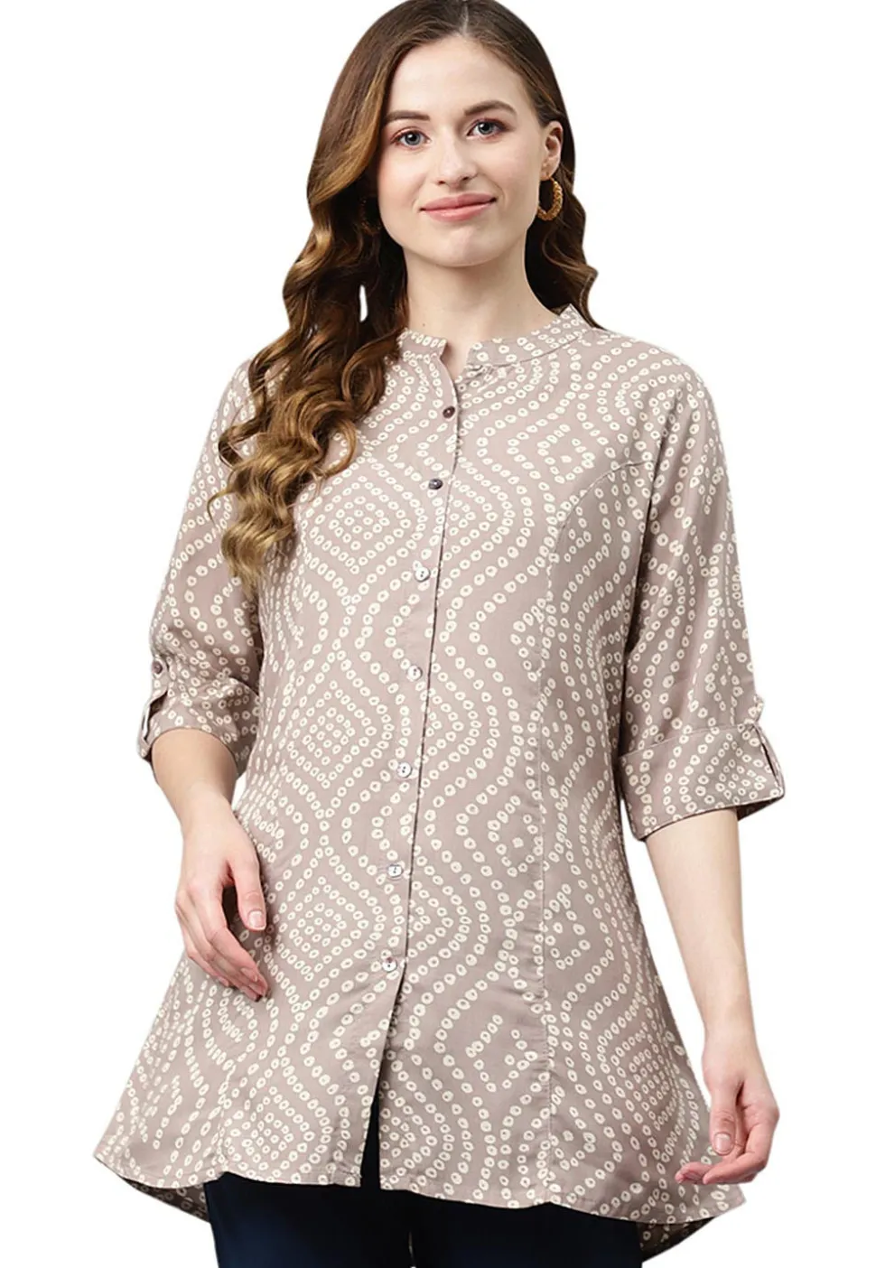 Bandhej Printed Rayon Tunic in Light Fawn