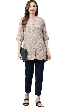 Bandhej Printed Rayon Tunic in Light Fawn