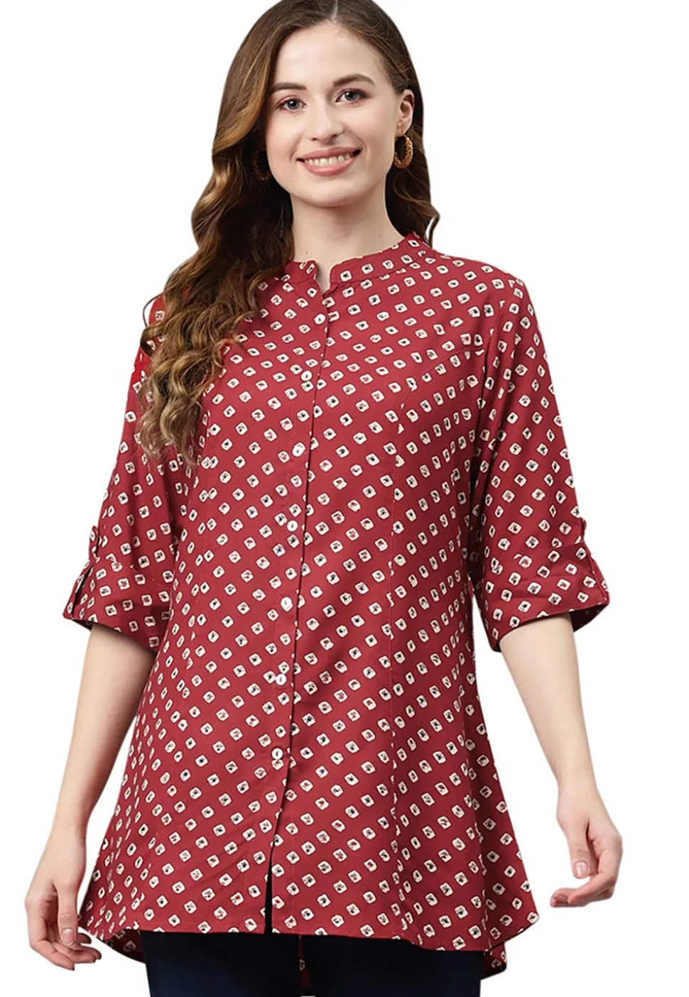 Bandhej Printed Rayon Tunic in Maroon