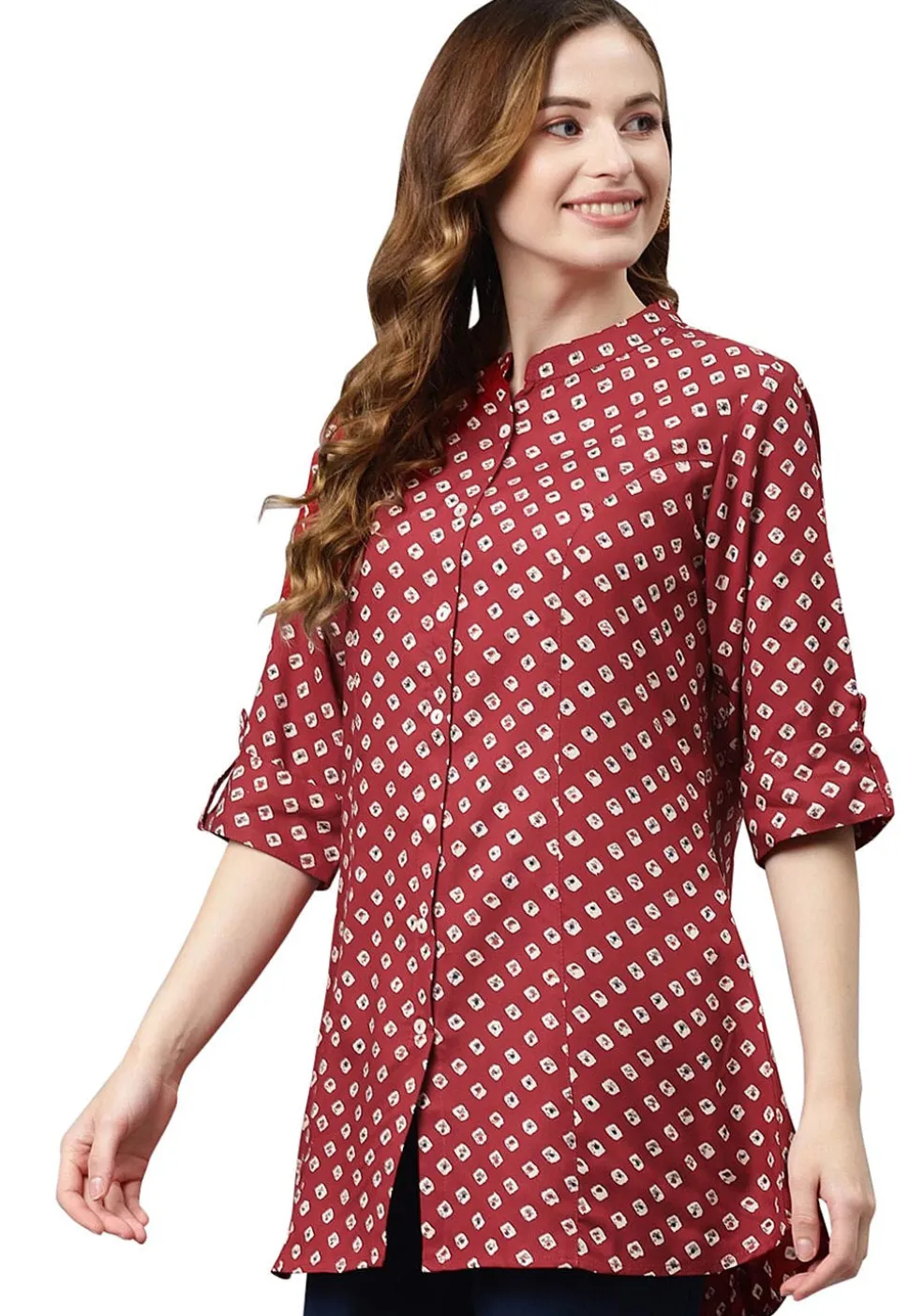 Bandhej Printed Rayon Tunic in Maroon