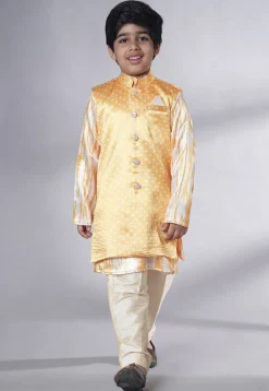 Bandhej Printed Satin Kurta Set in Cream