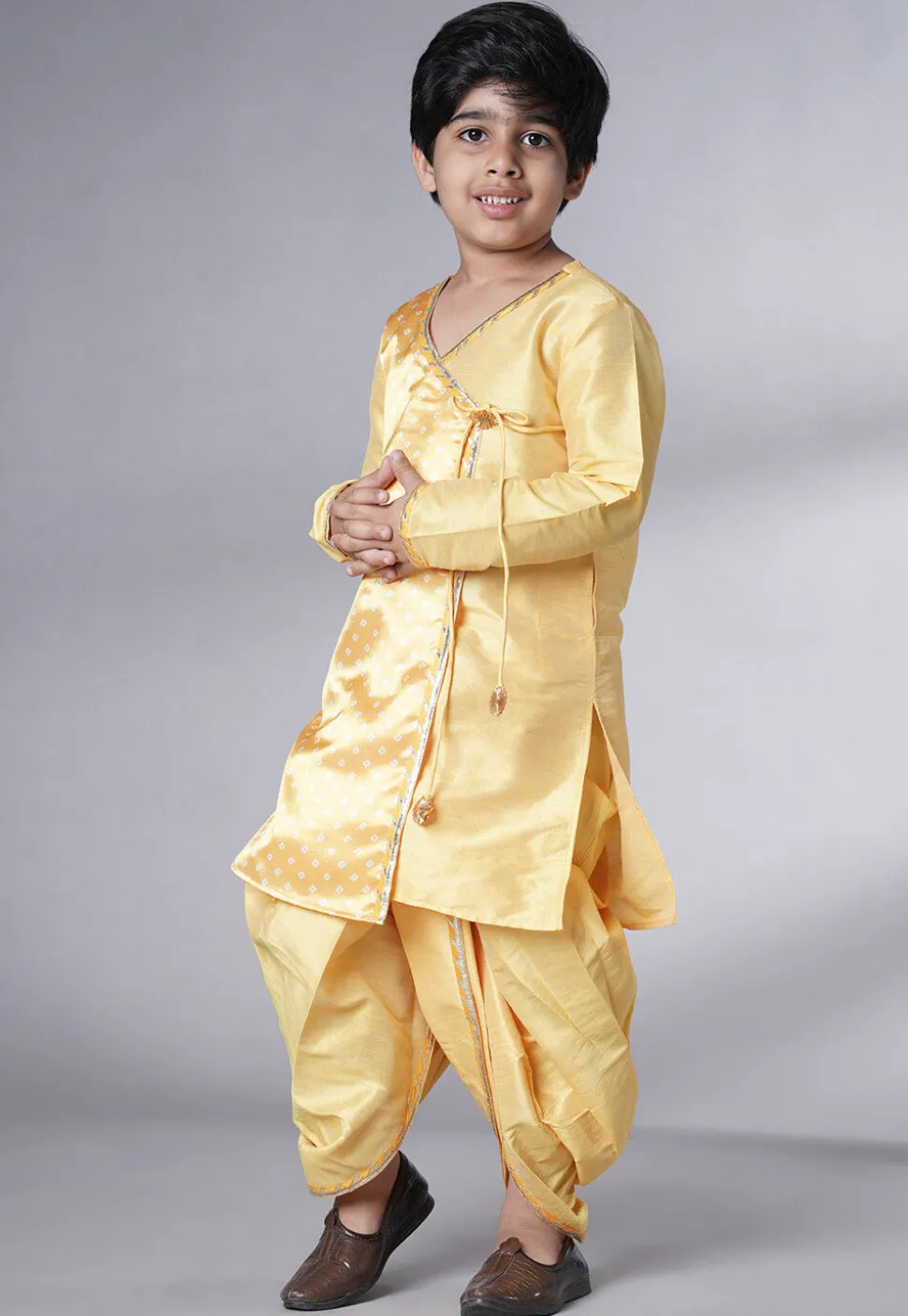 Bandhej Printed Satin Kurta Set in Yellow