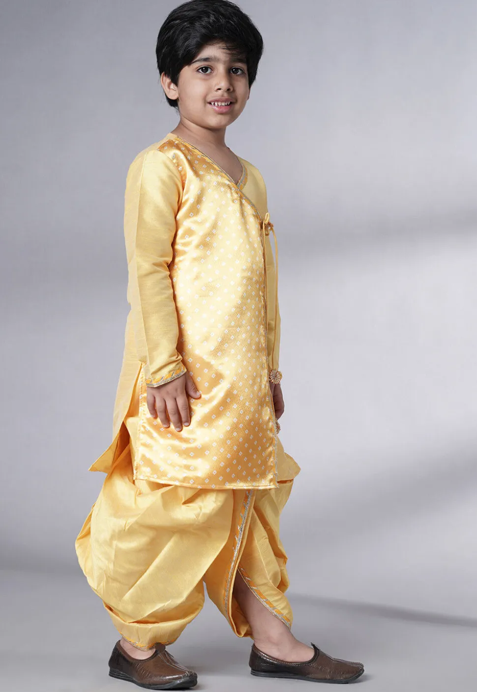 Bandhej Printed Satin Kurta Set in Yellow