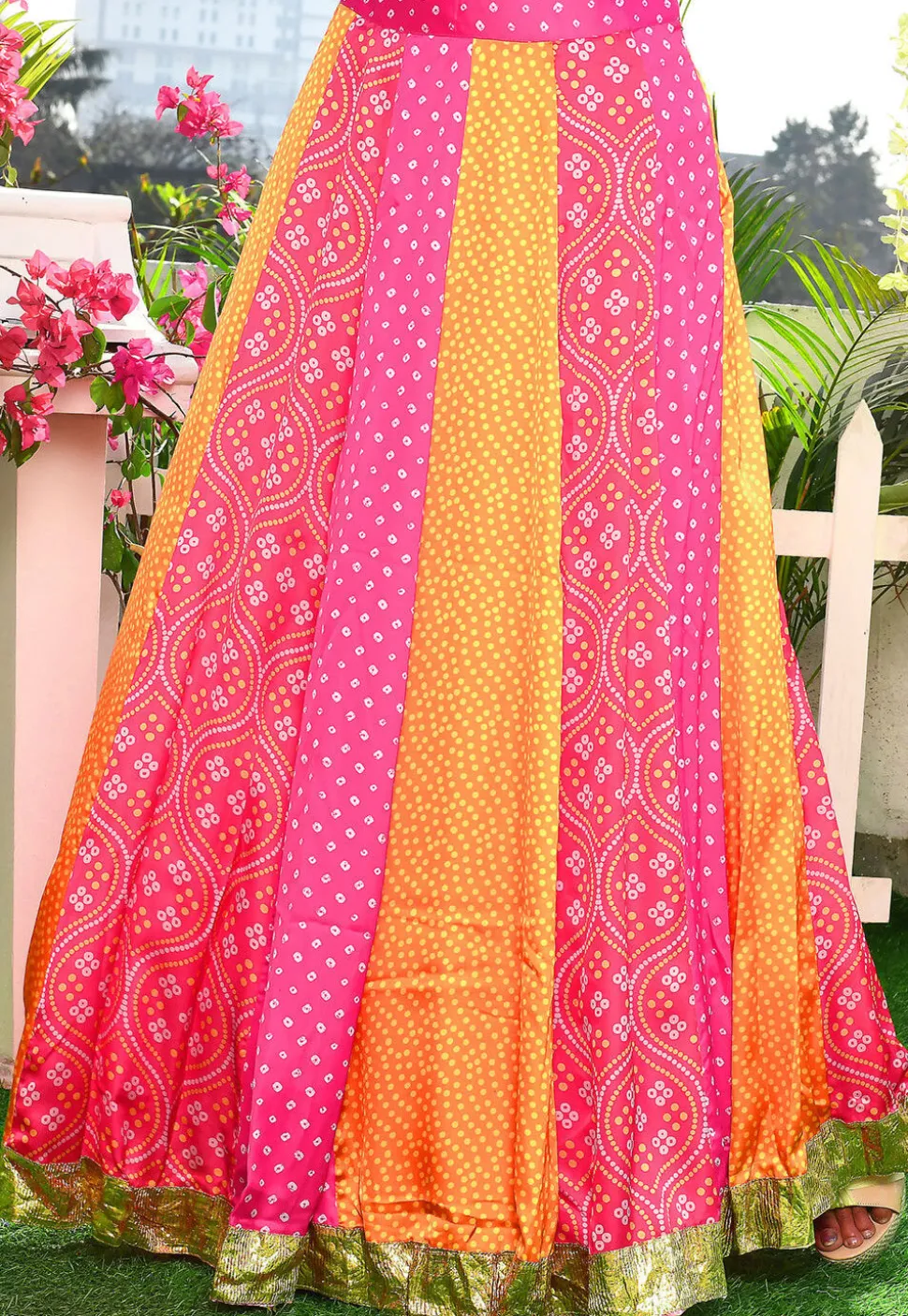 Bandhej Printed Satin Silk A Line Skirt in Multicolor
