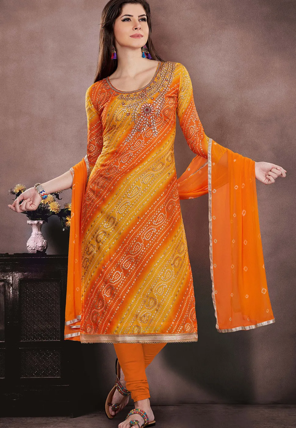 Bandhej Printed Super Net Straight Suit in Orange