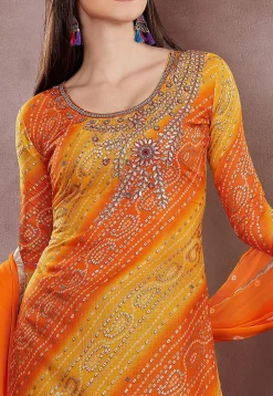 Bandhej Printed Super Net Straight Suit in Orange